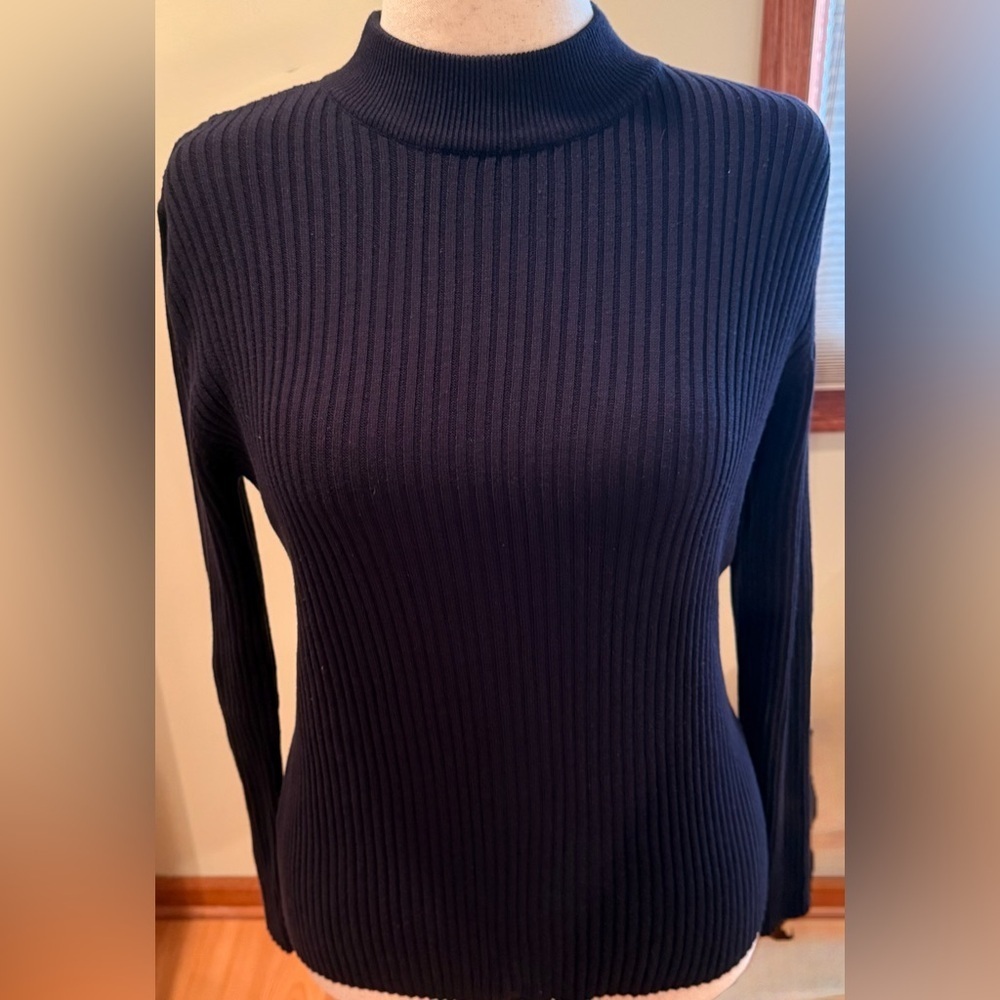 Harve Benard Dark Navy Ribbed Knit Top Size Large Long Sleeves Mock Neck